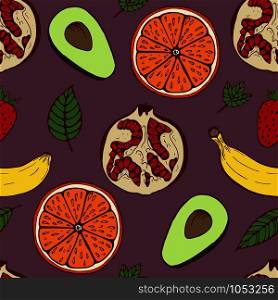 Handdrawn fruit seamless patter with set of fruit, vector illustration, on violet background. ??????????-2