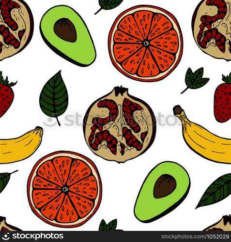 Handdrawn fruit seamless patter with set of fruit, vector illustration, on white background. Fruit pattern