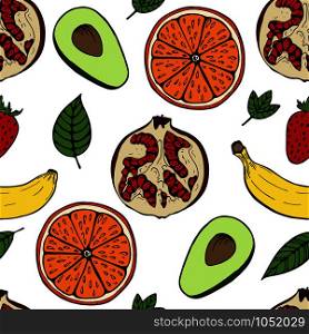 Handdrawn fruit seamless patter with set of fruit, vector illustration, on white background. Fruit pattern