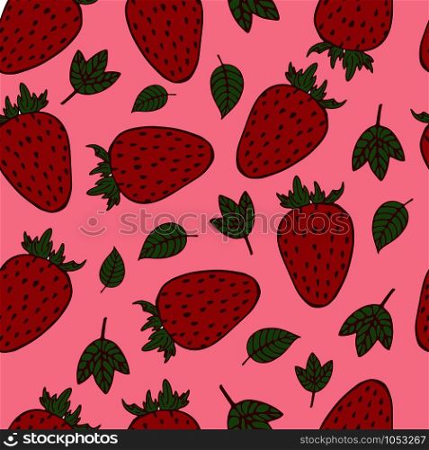 Handdrawn fruit seamless patter with strawberry, vector illustration, on pink background. strawberry2