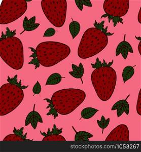Handdrawn fruit seamless patter with strawberry, vector illustration, on pink background. strawberry2
