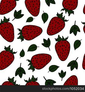 Handdrawn fruit seamless patter with strawberry, vector illustration, on white background. Fruit pattern