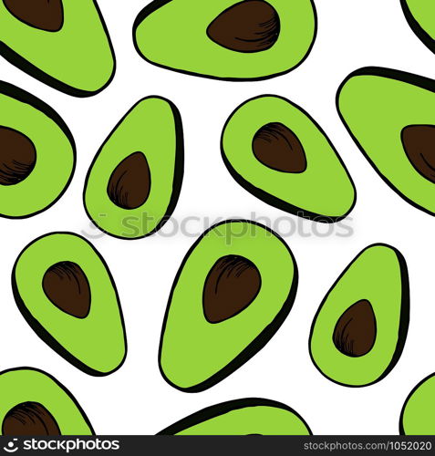 Handdrawn fruit seamless pattern with avocado, vector illustration, on white background. Fruit pattern