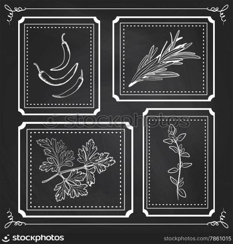 Handdrawn Illustration - Health and Nature Set. Collection of Herbs on Black Chalkboard. Natural Supplements. Thyme, Parsley, Rosemary, Chili Peppers