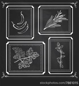 Handdrawn Illustration - Health and Nature Set. Collection of Herbs on Black Chalkboard. Natural Supplements. Thyme, Parsley, Rosemary, Chili Peppers