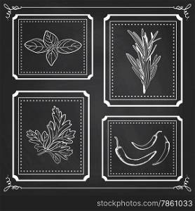 Handdrawn Illustration - Health and Nature Set. Collection of Herbs on Black Chalkboard. Natural Supplements. Basil, Parsley, Rosemary, Chili Peppers