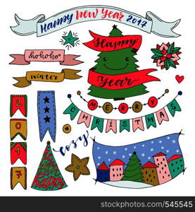 Handdrawn New Year collection with ribbons and decorations. Christmas vector elements. Colorful celebration design. Hand drawn New Year collection with ribbons and decorations. Christmas vector elements. Colorful celebration design