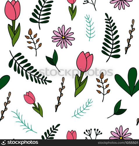 Handdrawn sprin seamless pattern with leaves and flowers , vector illustration. Handdrawn spring seamless pattern