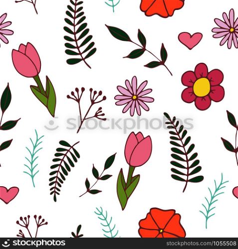 Handdrawn sprin seamless pattern with leaves and flowers , vector illustration. Handdrawn spring seamless pattern