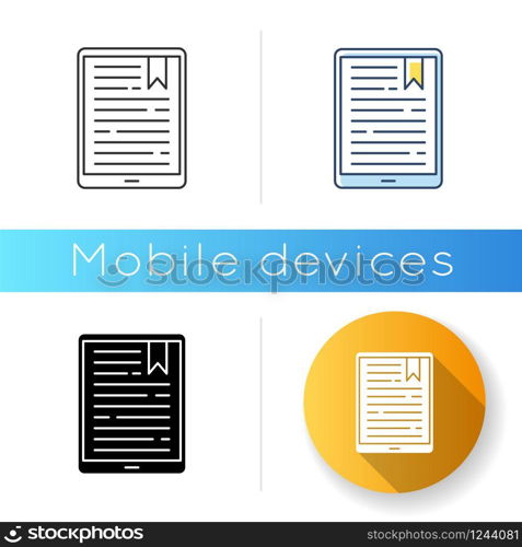 Handheld e-reader icon. E-book. Electronic book. Digital reading. Touchpad. Tablet. Display with text. Portable gadget. Technology. Linear black and RGB color styles. Isolated vector illustrations