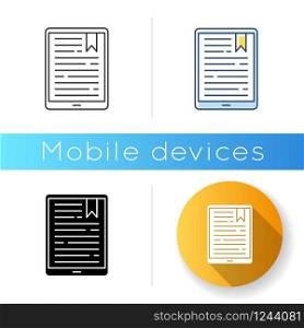 Handheld e-reader icon. E-book. Electronic book. Digital reading. Touchpad. Tablet. Display with text. Portable gadget. Technology. Linear black and RGB color styles. Isolated vector illustrations