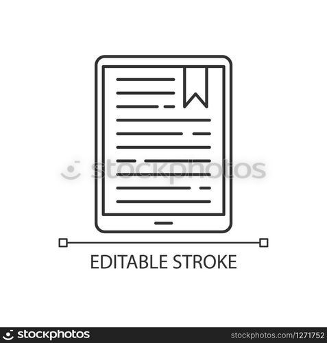 Handheld e-reader pixel perfect linear icon. E-book. Electronic book. Digital reading. Touchpad. Thin line customizable illustration. Contour symbol. Vector isolated outline drawing. Editable stroke