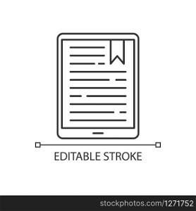 Handheld e-reader pixel perfect linear icon. E-book. Electronic book. Digital reading. Touchpad. Thin line customizable illustration. Contour symbol. Vector isolated outline drawing. Editable stroke