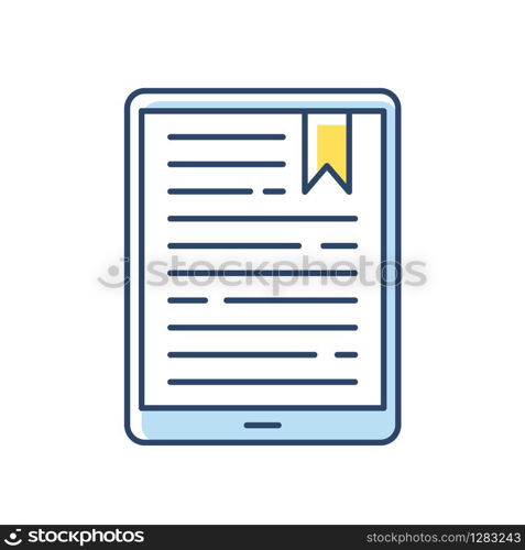 Handheld e-reader RGB color icon. E-book. Electronic book. Digital reading. Touchpad. Tablet. Display with text. Portable small gadget. Technology. Mobile device. Isolated vector illustration