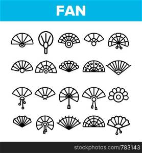 Handheld Elegant Fans Vector Linear Icons Set. Ancient Women Foldable Fans Outline Symbols Pack. Japanese Traditional Festival Accessory. Chinese Classic Souvenir Isolated Contour Illustrations. Handheld Elegant Fans Vector Linear Icons Set