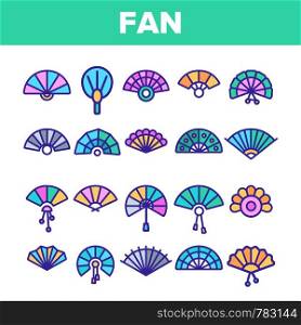 Handheld Elegant Fans Vector Linear Icons Set. Ancient Women Foldable Fans Outline Symbols Pack. Japanese Traditional Festival Accessory. Chinese Classic Souvenir Isolated Contour Illustrations. Handheld Elegant Fans Vector Linear Icons Set