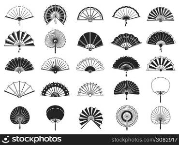 Handheld fan. Black silhouettes of chinese, japanese paper folding hand fans, traditional asian decoration and souvenir vector isolated set. Chinese fan black silhouette illustration, asian souvenir. Handheld fan. Black silhouettes of chinese, japanese paper folding hand fans, traditional asian decoration and souvenir vector isolated set