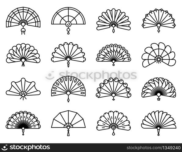 Handheld fan icons set. Outline set of handheld fan vector icons for web design isolated on white background. Handheld fan icons set, outline style