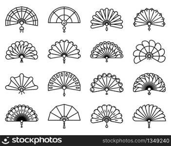 Handheld fan icons set. Outline set of handheld fan vector icons for web design isolated on white background. Handheld fan icons set, outline style