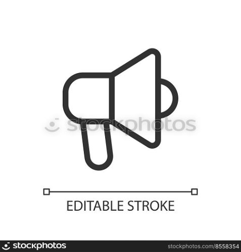 Handheld megaphone pixel perfect linear ui icon. Announce about sales. Marketing campaign. GUI, UX design. Outline isolated user interface element for app and web. Editable stroke. Arial font used. Handheld megaphone pixel perfect linear ui icon