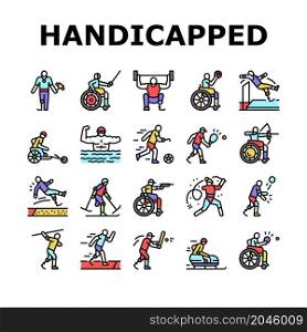 Handicapped Athlete Sport Game Icons Set Vector. Basketball And Volleyball Playing Handicapped Athlete, Sportsman Swimming And Running, Play Tennis And Soccer Line. Color Illustrations. Handicapped Athlete Sport Game Icons Set Vector