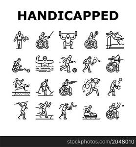 Handicapped Athlete Sport Game Icons Set Vector. Basketball And Volleyball Playing Handicapped Athlete, Sportsman Swimming And Running, Play Tennis And Soccer Black Contour Illustrations. Handicapped Athlete Sport Game Icons Set Vector