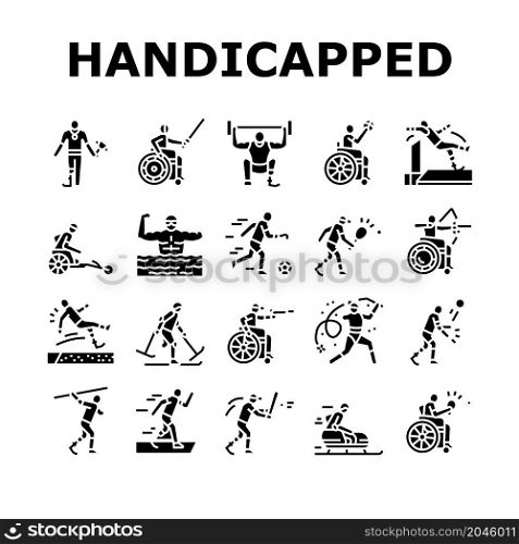 Handicapped Athlete Sport Game Icons Set Vector. Basketball And Volleyball Playing Handicapped Athlete, Sportsman Swimming And Running, Play Tennis And Soccer Glyph Pictograms Black Illustrations. Handicapped Athlete Sport Game Icons Set Vector