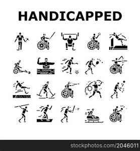 Handicapped Athlete Sport Game Icons Set Vector. Basketball And Volleyball Playing Handicapped Athlete, Sportsman Swimming And Running, Play Tennis And Soccer Glyph Pictograms Black Illustrations. Handicapped Athlete Sport Game Icons Set Vector
