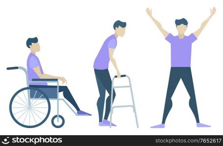Handicapped character, recovery and rehabilitation stages isolated icons vector. Disabled man in wheelchair, with walker and healthy guy. Disability rehabilitation, invalid assistance illustration. Recovery and Rehabilitation Steps, Handicapped Man