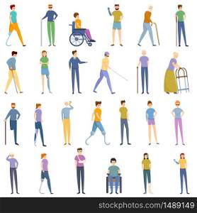 Handicapped icons set. Cartoon set of handicapped vector icons for web design. Handicapped icons set, cartoon style