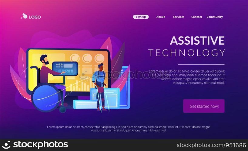 Handicapped man in wheelchair. Injured character rehabilitation. Assistive technology, devices for disabled people, adopted technologies concept. Website homepage landing web page template.. Assistive technology concept landing page