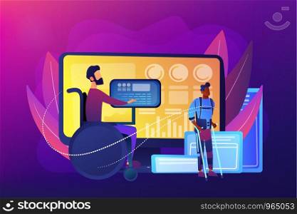 Handicapped man in wheelchair. Injured character rehabilitation. Assistive technology, devices for disabled people, adopted technologies concept. Bright vibrant violet vector isolated illustration. Assistive technology concept vector illustration