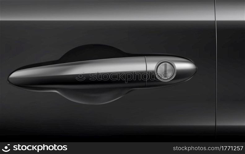 Handle for open, close and lock car door. Vector realistic illustration of vehicle handle with key hole on black background. Part of modern automobile door. Black car door with handle and keyhole