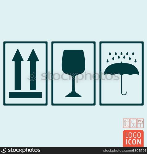 Handle with care icons. This side up, fragile, keep dry symbol. Vector ...