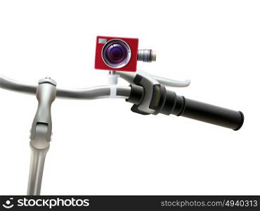 Handlebar Camera Realistic Illustration . Handlebar red motion video camera and bike realistic vector illustration