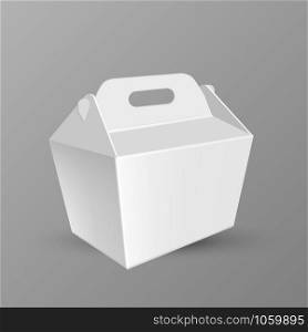 Handled Food Box For Transportation Dinner Vector. Blank Large Kraft Cardboard Carrypack Or Box For Nutrition With Folding Tuck Top Lid Which Doubles As Handle. Realistic 3d Illustration. Handled Food Box For Transportation Dinner Vector