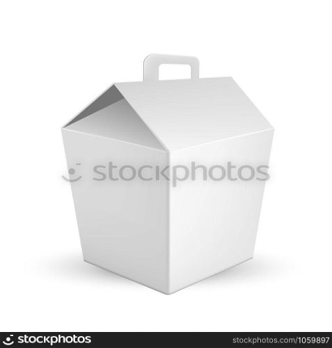 Handled Food Box For Transportation Lunch Vector. Blank Cardboard Carrypack Or Box For Nutrition With Handle. Container For Packing Picnic Meals, Takeaways And Restaurants Realistic 3d Illustration. Handled Food Box For Transportation Lunch Vector