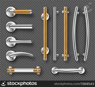 Handles for doors or windows, metal and wooden architectural details, modern interior design accessories. Steel and wood furniture holders with rods and locks. Realistic 3d vector isolated icons set. Handles for doors or windows metal, wooden details