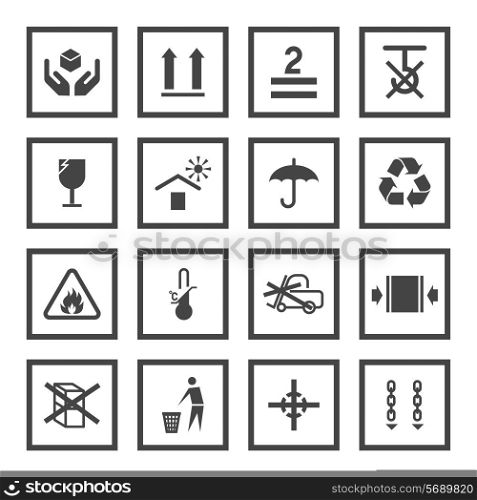 Handling and packing black icons set with fragile warning care symbols vector illustration