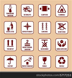 Handling and packing icons set with temperature limitation flammable no stack symbols vector illustration
