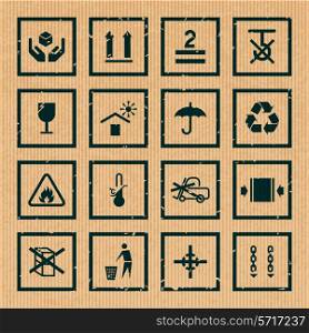 Handling and packing symbols black cardboard icons set isolated vector illustration