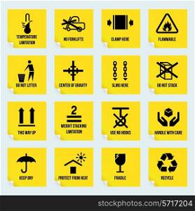 Handling and packing yellow stickers set with temperature limitation flammable no stack symbols isolated vector illustration