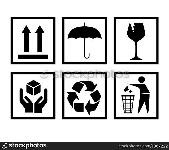 Handling packing icon set including fragile, recycle and caution signs etc.. Handling packing icon set-fragile, recycle signs etc. - can be used on the box or packaging