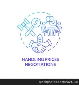 Handling prices negotiations blue gradient concept icon. Business sales issue abstract idea thin line illustration. Buyer and seller agreement. Isolated outline drawing. Myriad Pro-Bold font used. Handling prices negotiations blue gradient concept icon