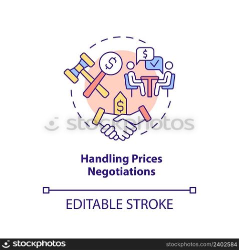 Handling prices negotiations concept icon. Business sales complication abstract idea thin line illustration. Isolated outline drawing. Editable stroke. Arial, Myriad Pro-Bold fonts used. Handling prices negotiations concept icon