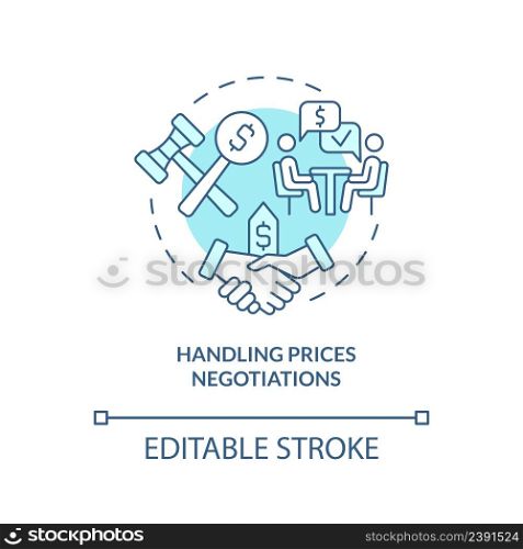 Handling prices negotiations turquoise concept icon. Business sales complication abstract idea thin line illustration. Isolated outline drawing. Editable stroke. Arial, Myriad Pro-Bold fonts used. Handling prices negotiations turquoise concept icon