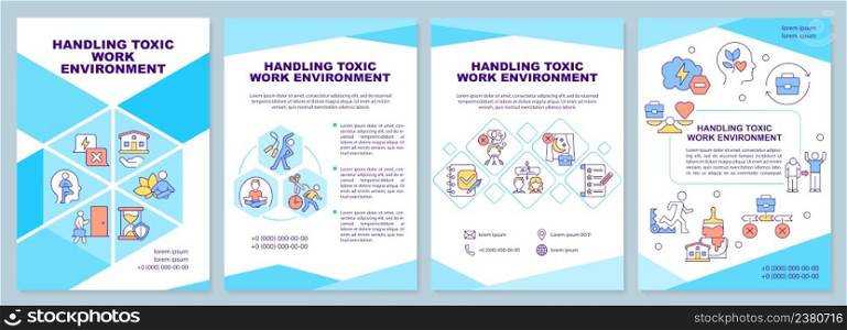 Handling toxic work environment brochure template. Poor relationship. Leaflet design with linear icons. 4 vector layouts for presentation, annual reports. Arial-Black, Myriad Pro-Regular fonts used. Handling toxic work environment brochure template