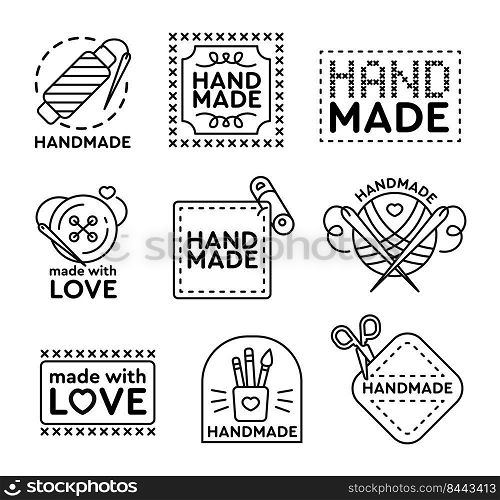 Handmade badges set. Emblems and logos for cross stitching, sewing, knitting theme design. Black vector illustrations on white background