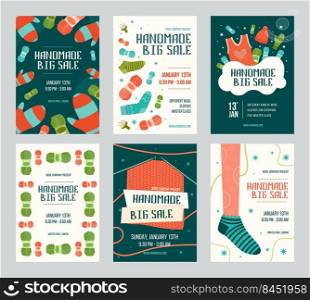 Handmade big sale invitation flyers set. Knitted socks, mittens, yarn vector illustrations with text, date and time. Fashion and hobby concept for announcement posters and leaflets design