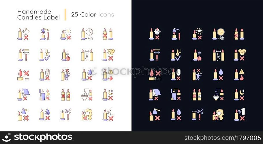 Handmade candles label light and dark theme RGB color manual label icons set. Isolated vector illustrations on white and black space. Simple filled line drawings pack for product use instructions. Handmade candles label light and dark theme RGB color manual label icons set